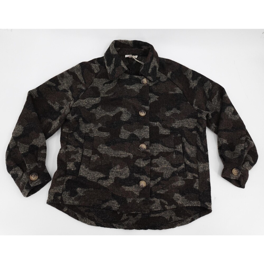 Mystree Jacket Womens Medium Brown Camo Tweed Button Front Collared Pockets